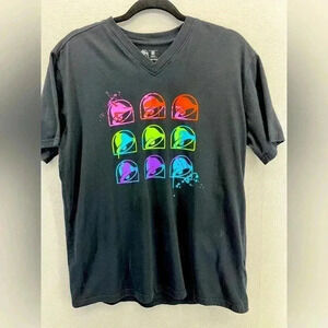 Taco Bell uniform shirt tee T- shirt w colorful bells v- neck short sleeve black